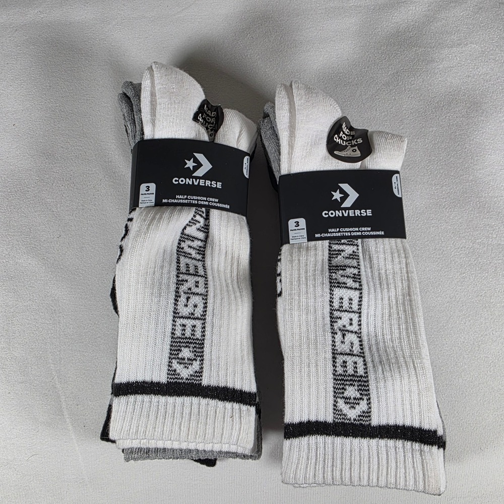 Converse Logo Crew Socks Two 3 Pair Pack Half Cushion Mens Shoe Size 6-12